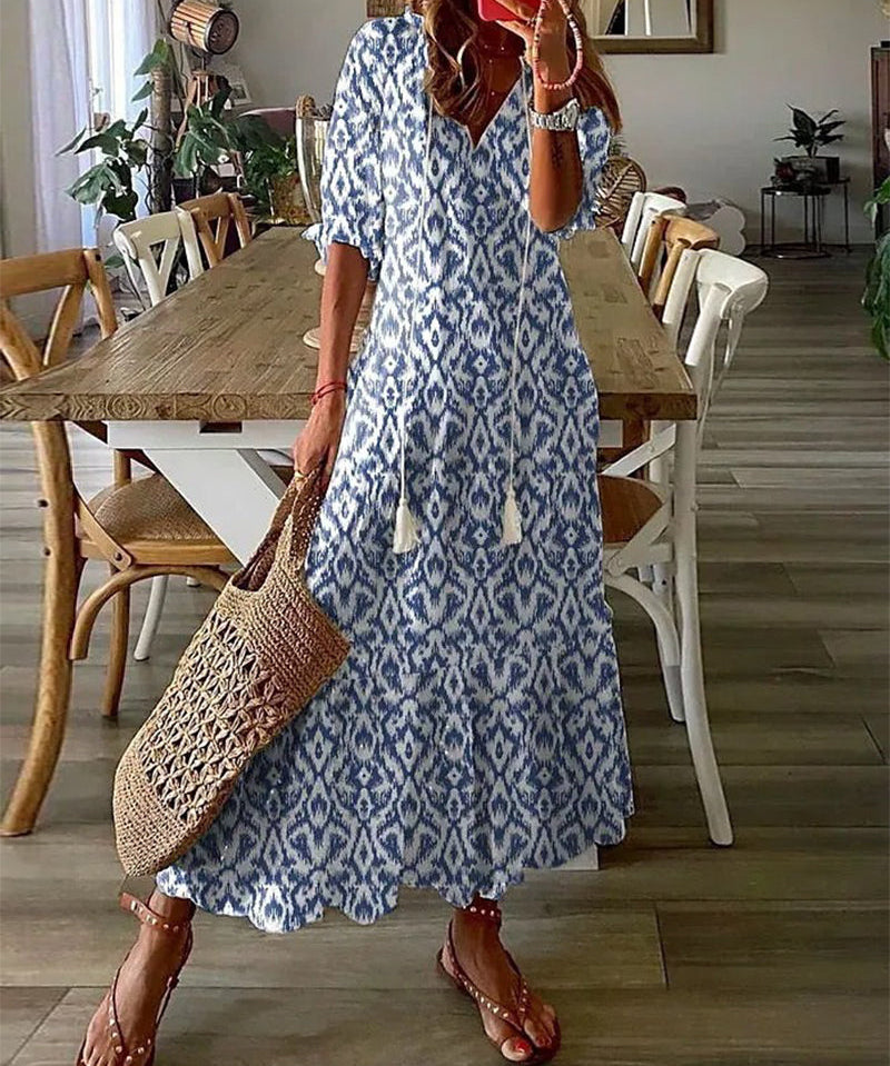 Boho Vintage V-Neck Printed Dress