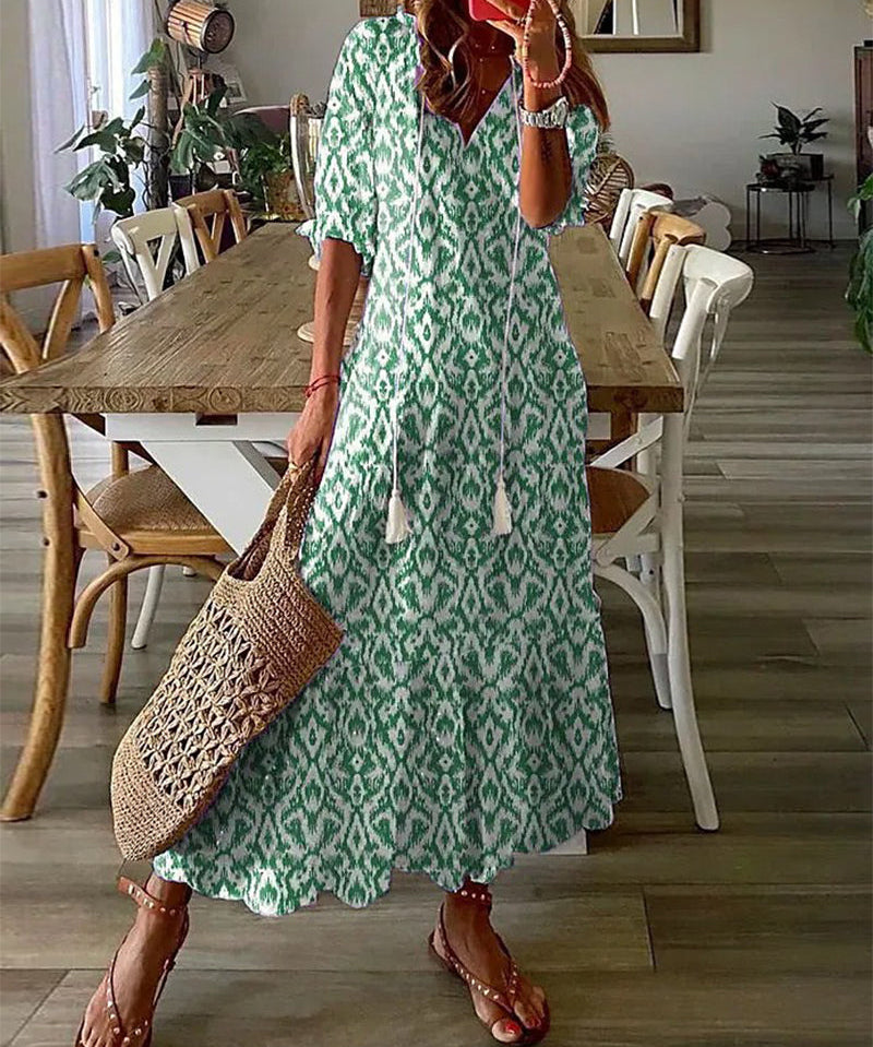 Boho Vintage V-Neck Printed Dress