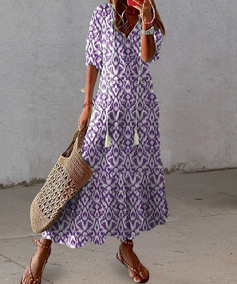 Boho Vintage V-Neck Printed Dress