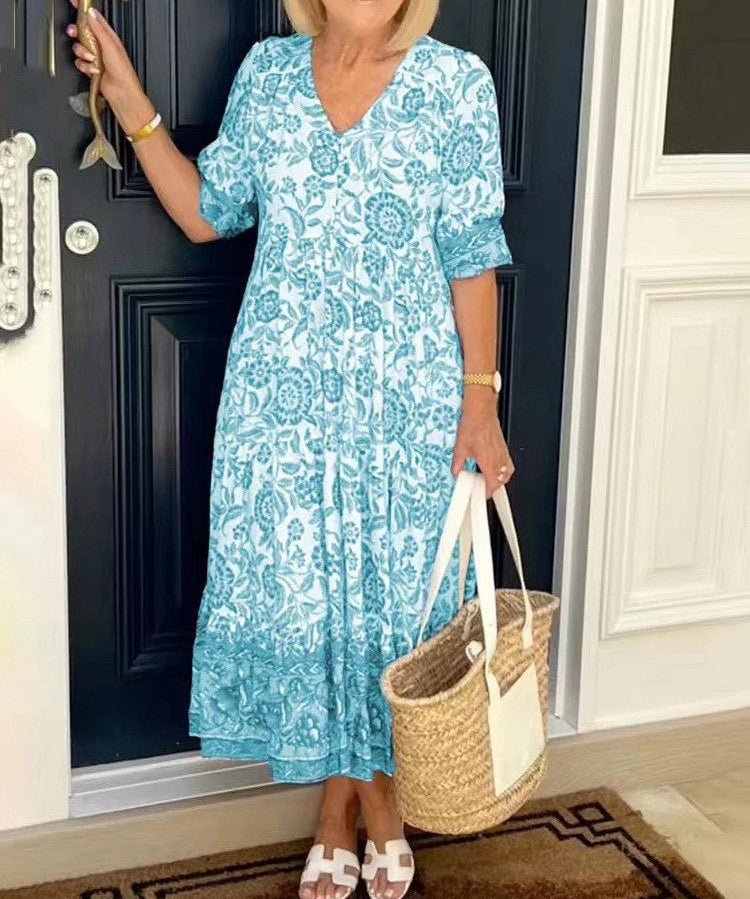 Deep V Half Sleeve Boho Tunic Dress