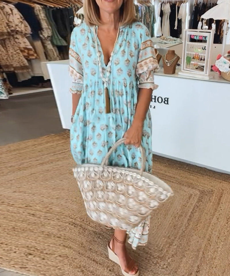Casual printed V-neck half-sleeve dress