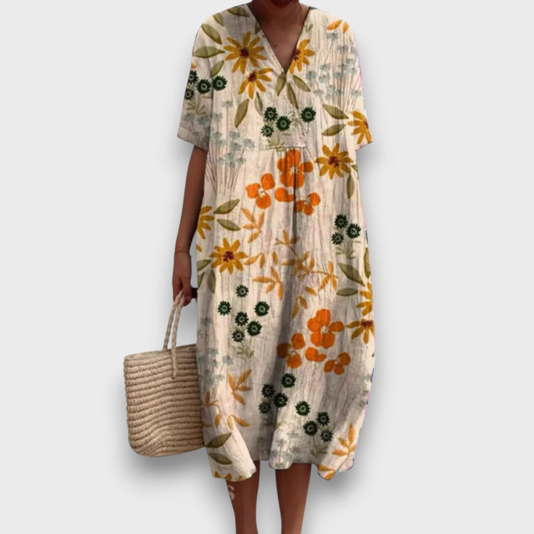 Miradie – Floral Midi Dress with V-Neck
