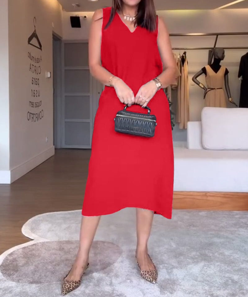 Casual V-neck Sleeveless Solid Color Split Dress