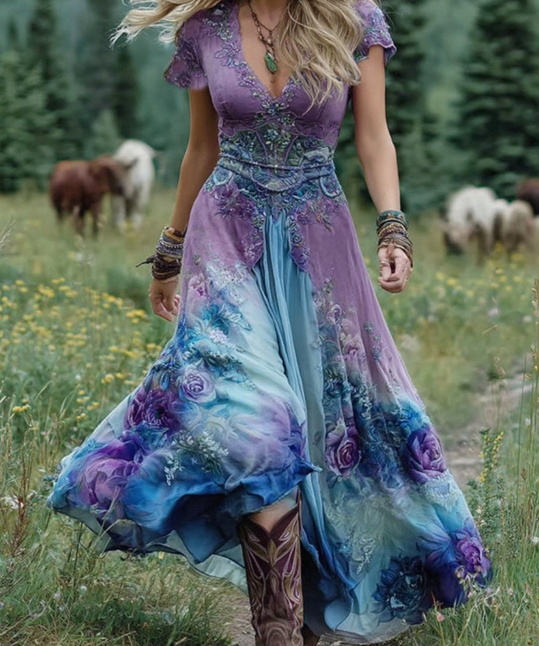 Elegant Maxi Dress With Floral Shades