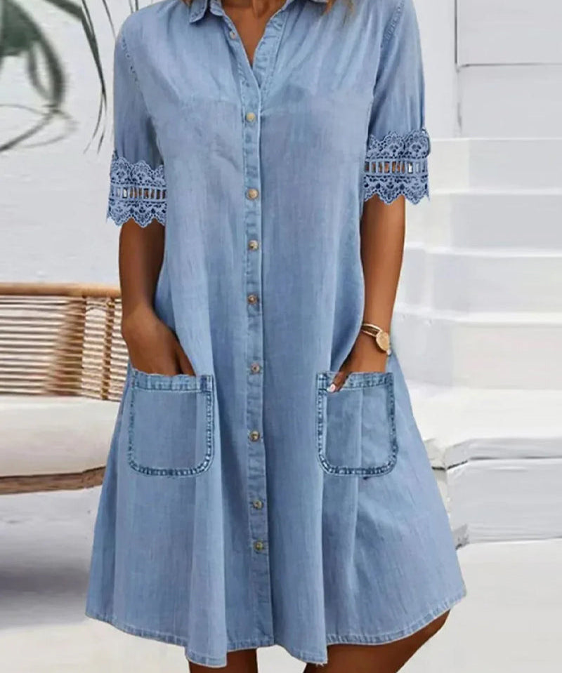 Solid color lace patchwork lapel button pocket dress