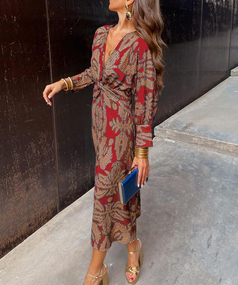 Vintage printed V-neck long-sleeve elegant dress