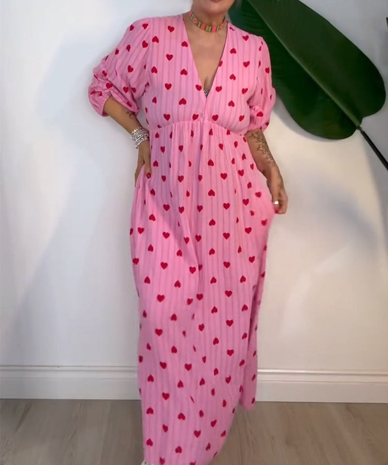 Elegant V-Neck Heart Print Dress