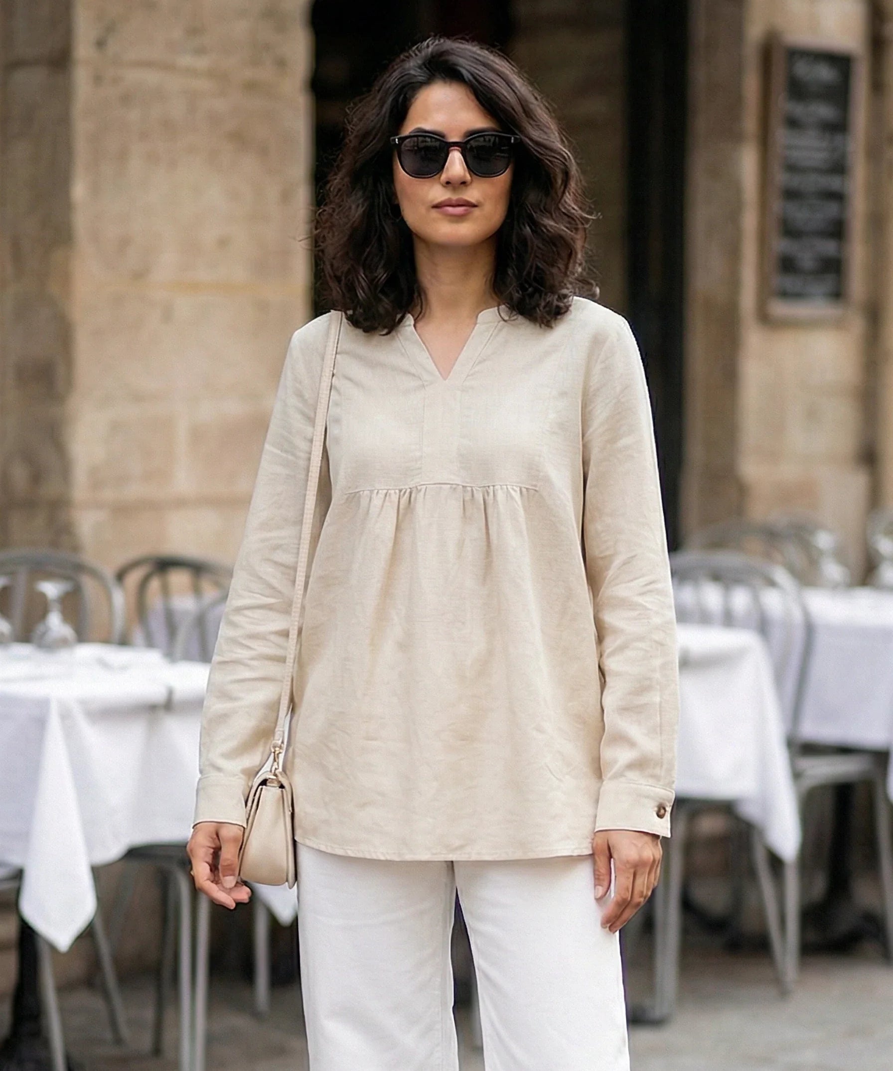 Pleated Front Long Sleeve Blouse
