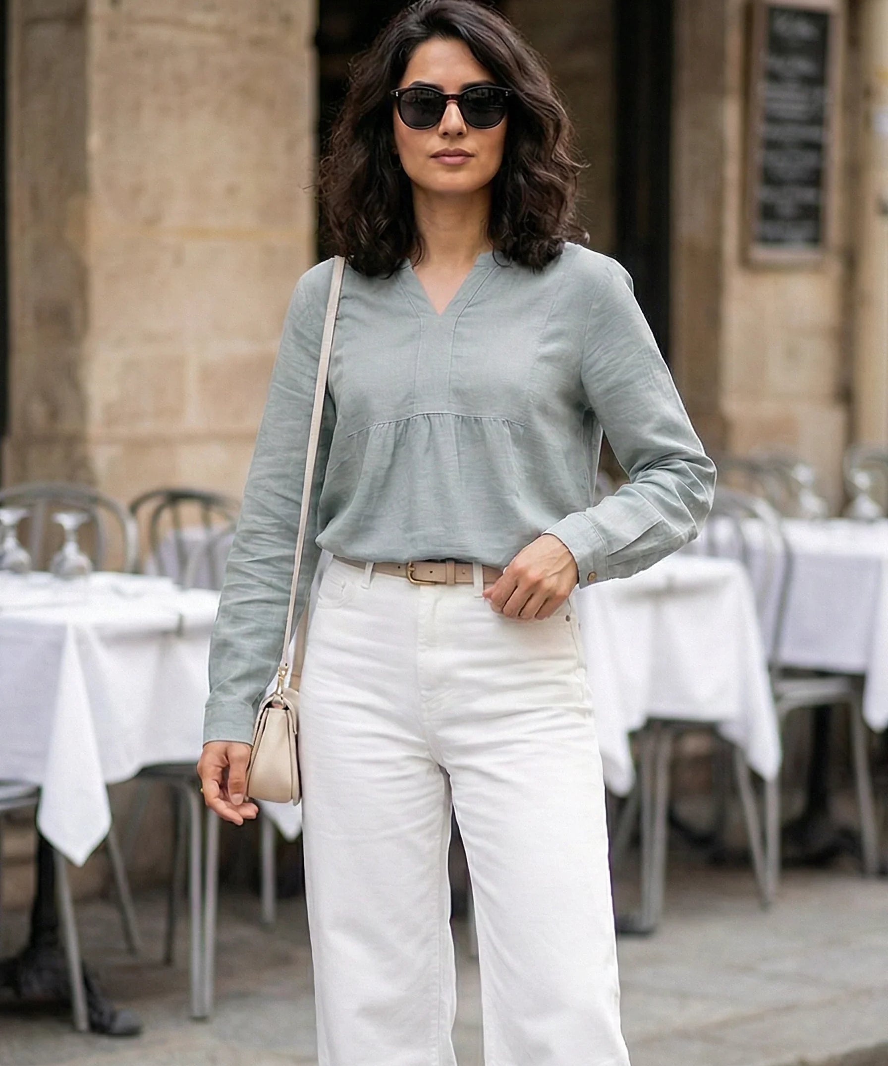 Pleated Front Long Sleeve Blouse