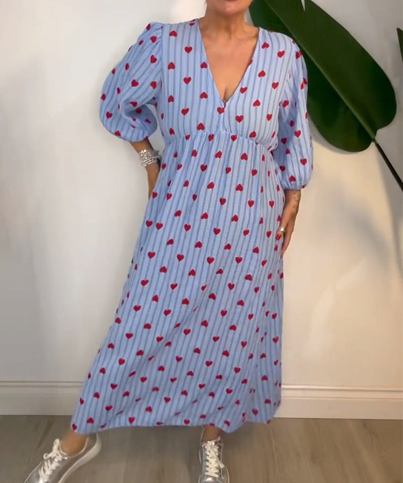 Elegant V-Neck Heart Print Dress