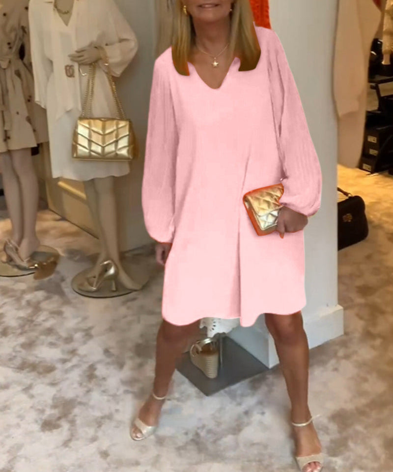 Solid color lantern sleeve V-neck dress