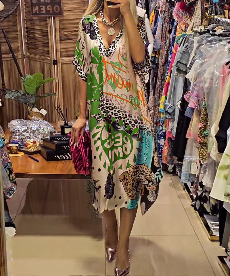 Casual Leopard and Colorful Print Deep V Dress