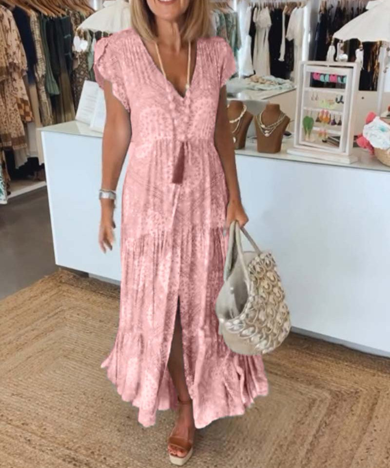 Vacation Print V-Neck Split Sleeve Dress