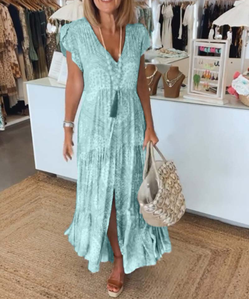 Vacation Print V-Neck Split Sleeve Dress