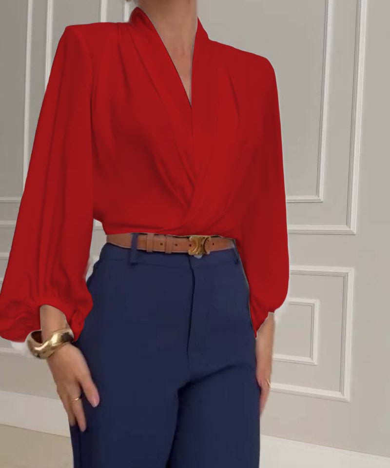 Fashion solid color V-neck lantern sleeve blouse