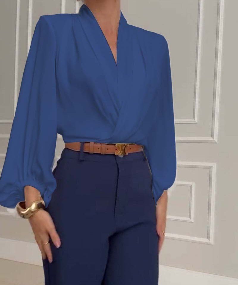 Fashion solid color V-neck lantern sleeve blouse