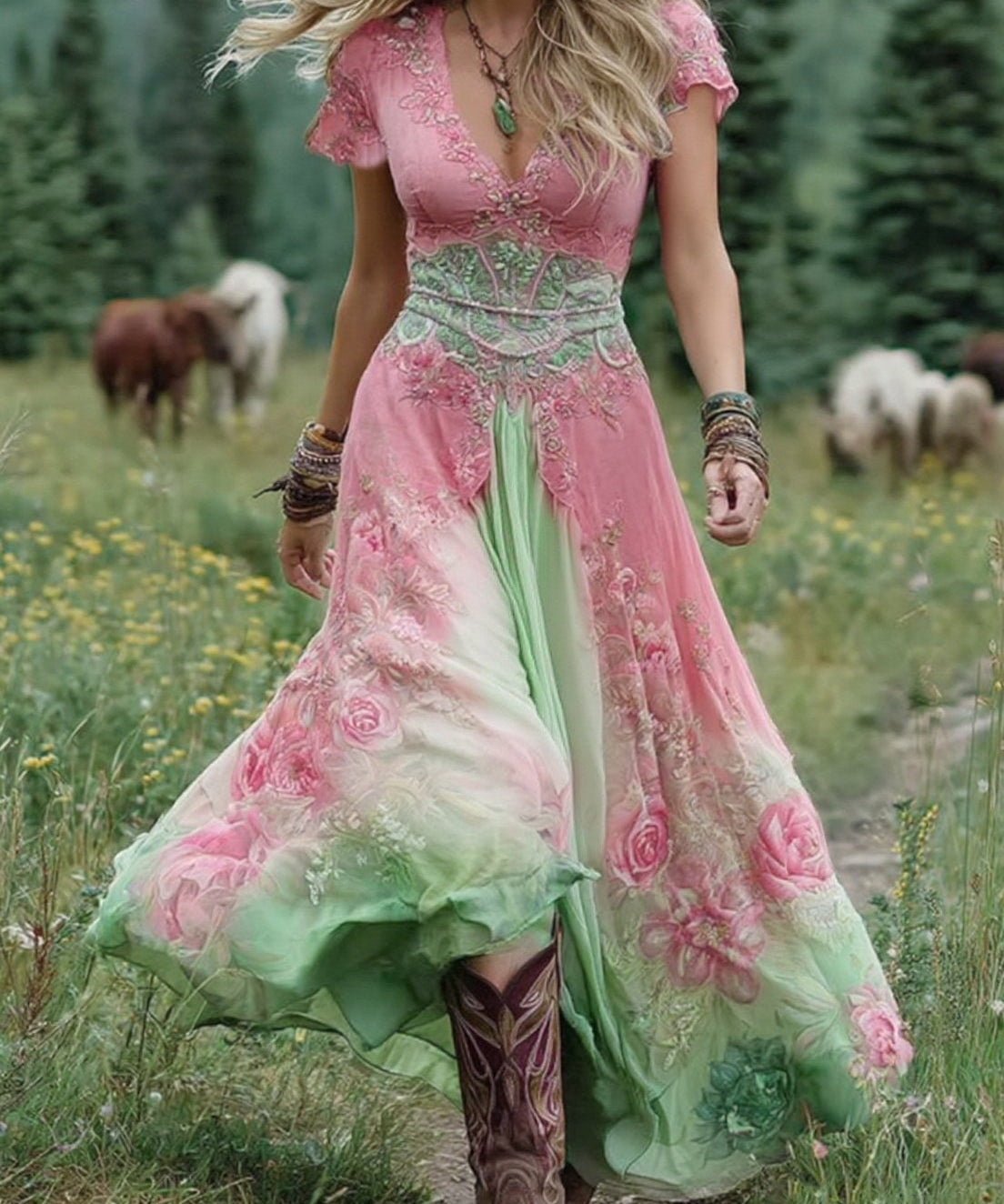 Elegant Maxi Dress With Floral Shades