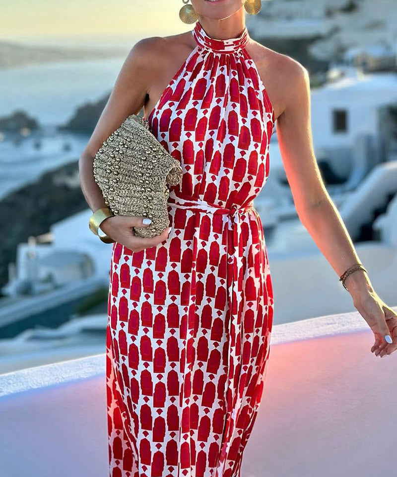 Halter Neck Beach Vacation Print Dress