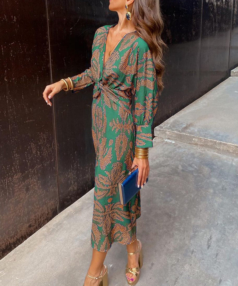 Vintage printed V-neck long-sleeve elegant dress