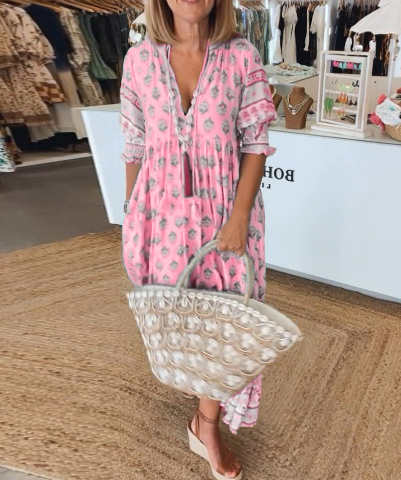 Casual printed V-neck half-sleeve dress