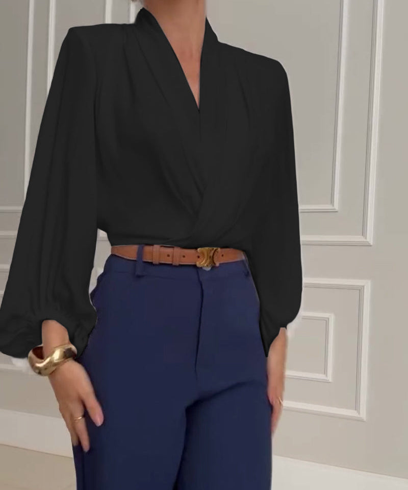 Fashion solid color V-neck lantern sleeve blouse