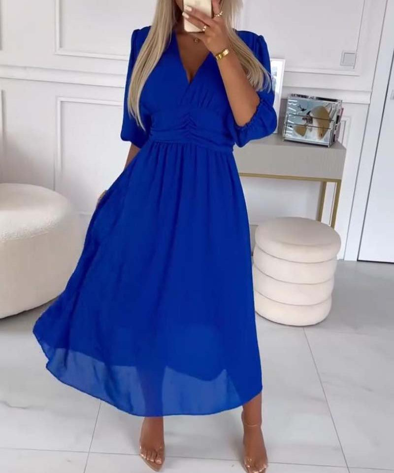 V-Neck Solid Color Waist Dress