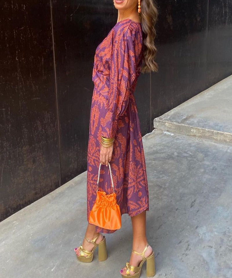 Vintage printed V-neck long-sleeve elegant dress