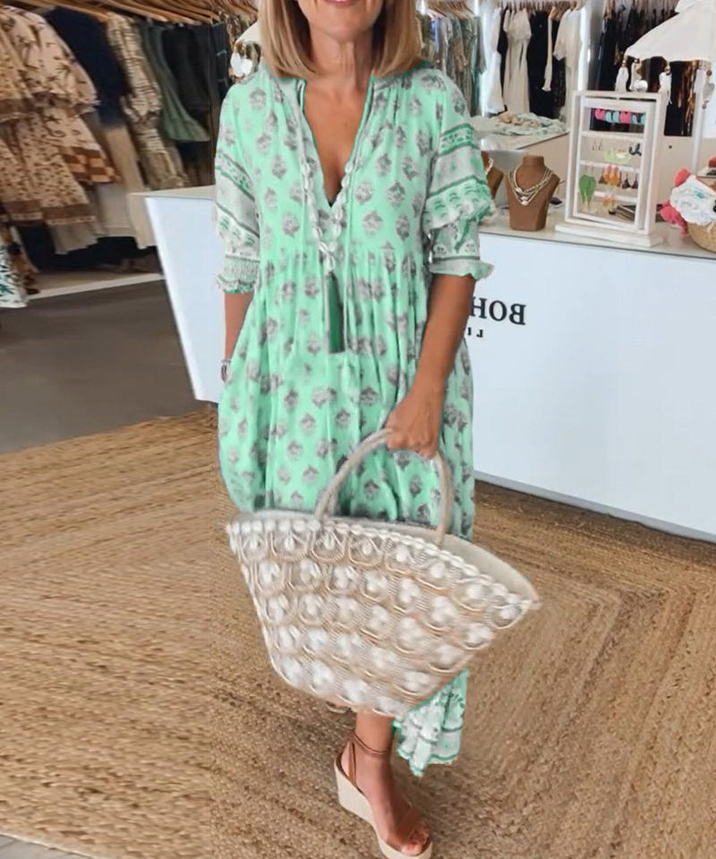 Casual printed V-neck half-sleeve dress