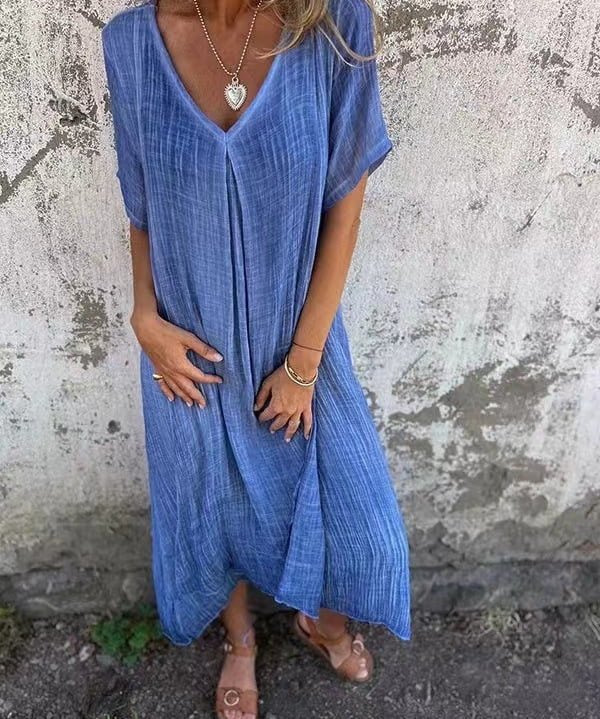 Cotton and Linen V-neck Midi Dress