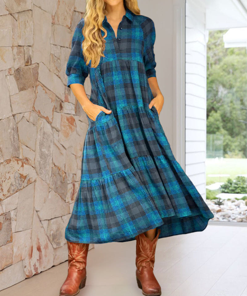 Lapel Plaid Half-Sleeved Dress