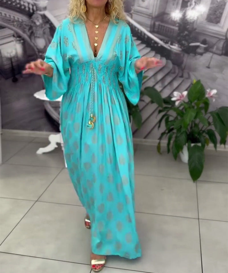 Loose Holiday Print Waist Maxi Dress