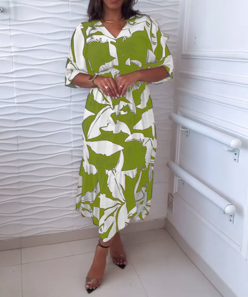 V-Neck Three-Quarter Sleeve Drawstring Elegant Dress