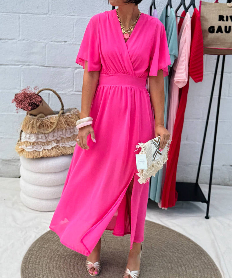 V-Neck and Waist in Chiffon Dress