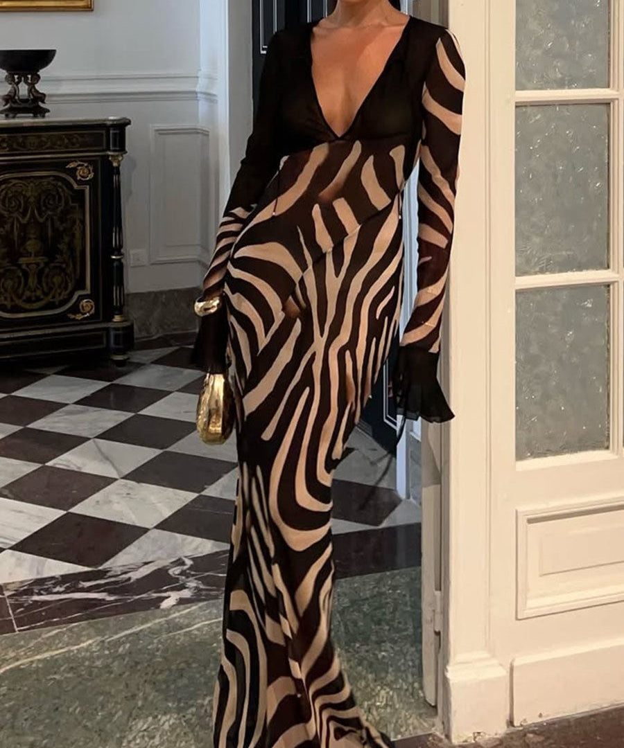 V-Neck Zebra Print Party Dress