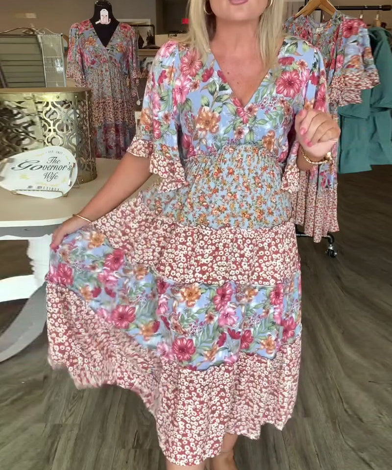 V-Neck Lotus Hem Floral Dress