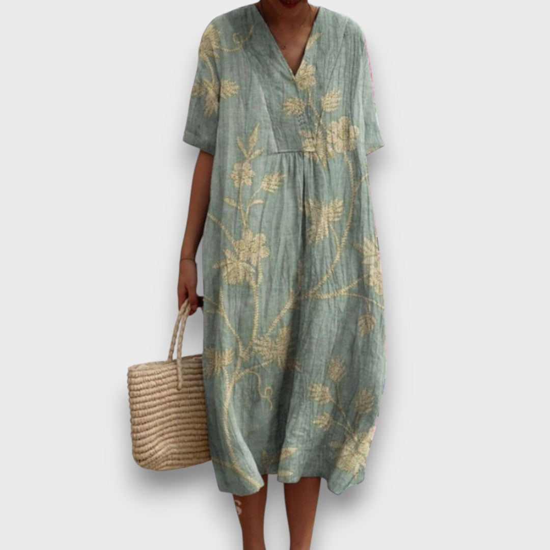 Miradie – Floral Midi Dress with V-Neck