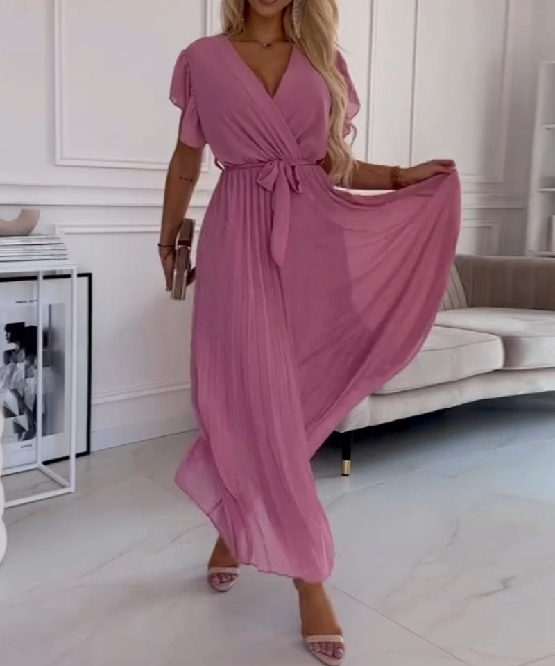 Solid color ruffled sleeves V-neck elegant dress