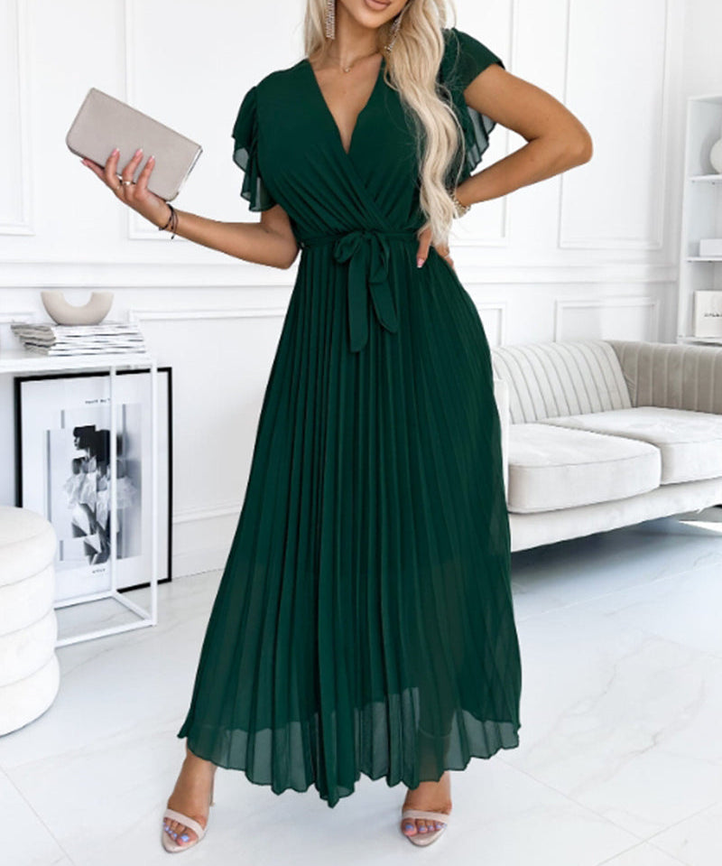 Solid color ruffled sleeves V-neck elegant dress