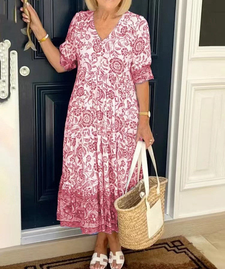 Deep V Half Sleeve Boho Tunic Dress
