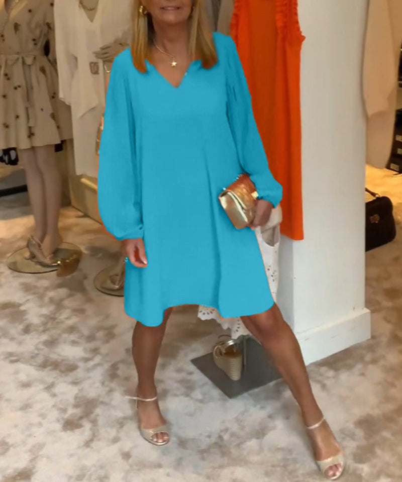 Solid color lantern sleeve V-neck dress