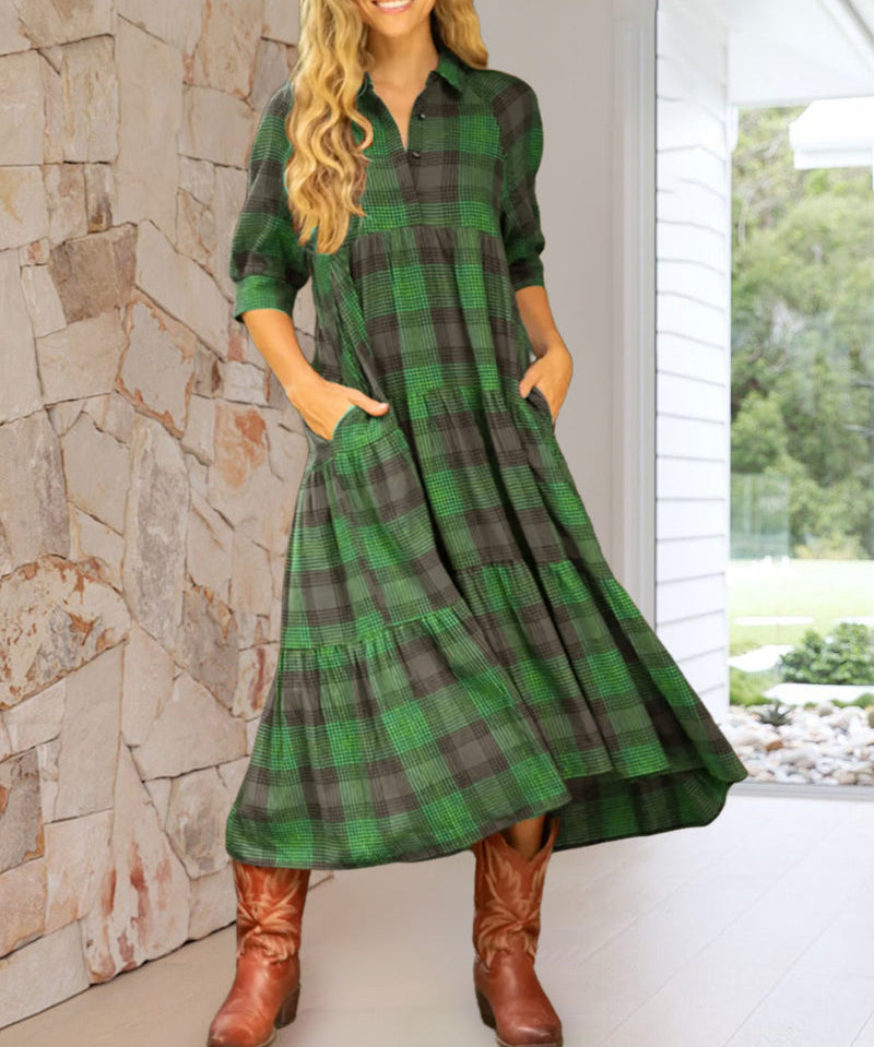 Lapel Plaid Half-Sleeved Dress