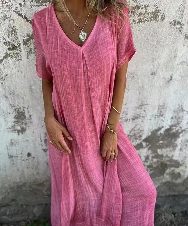 Cotton and Linen V-neck Midi Dress