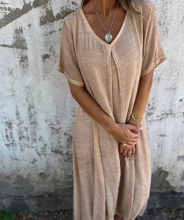 Cotton and Linen V-neck Midi Dress