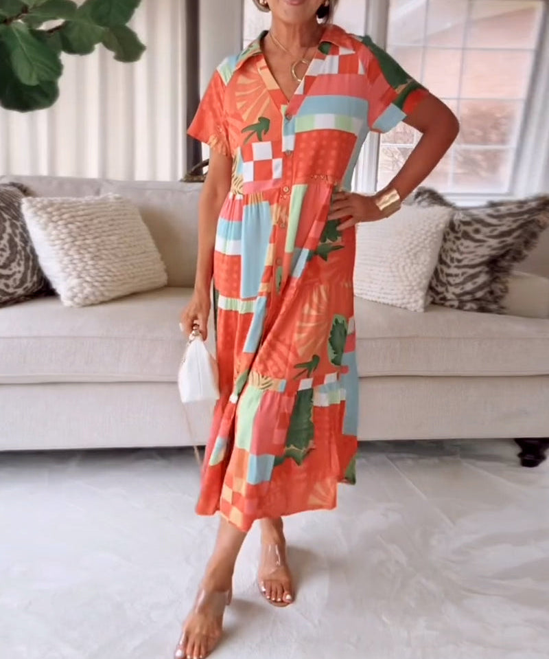 Patterned Short-Sleeve Casual Dress