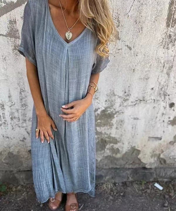Cotton and Linen V-neck Midi Dress