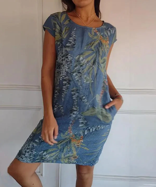 Short Sleeve Printed Pocket Crew Dress