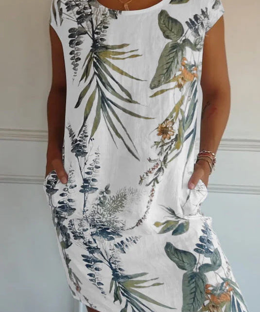 Short Sleeve Printed Pocket Crew Dress