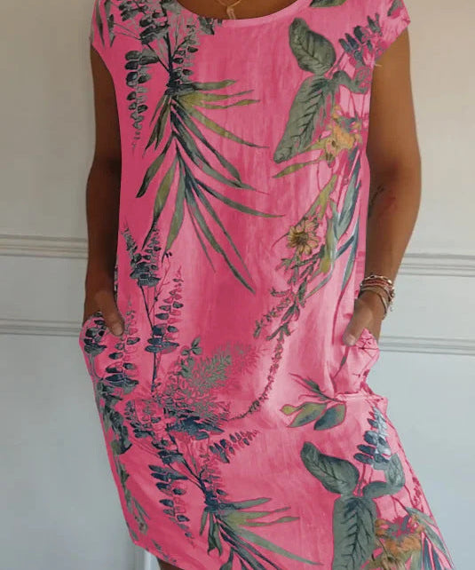 Short Sleeve Printed Pocket Crew Dress