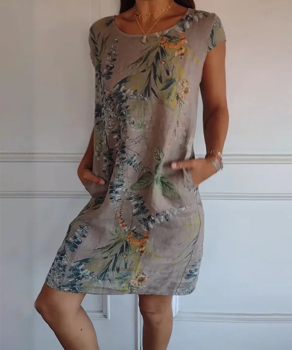 Short Sleeve Printed Pocket Crew Dress