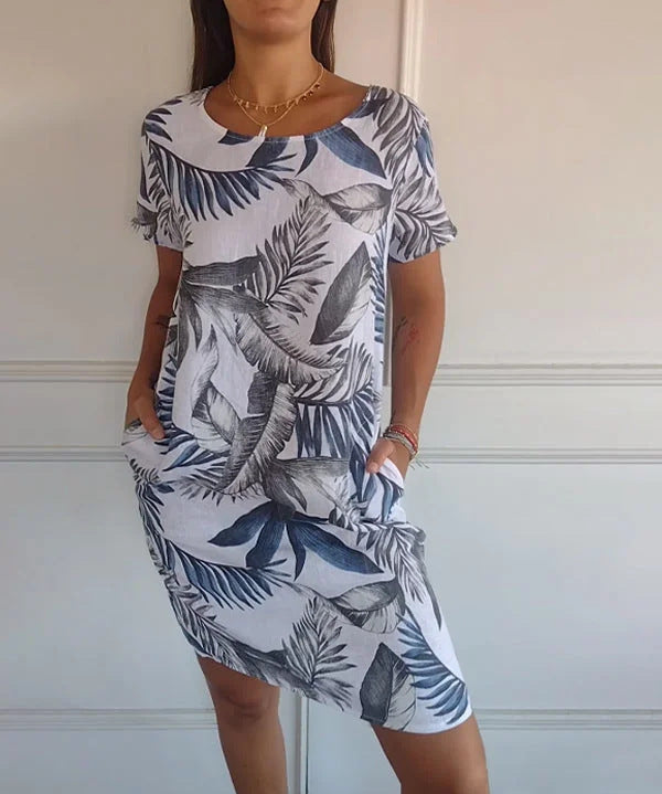 Short Sleeve Printed Pocket Crew Dress